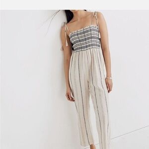 Madewell Cream and Navy Striped Smocked Jumpsuit